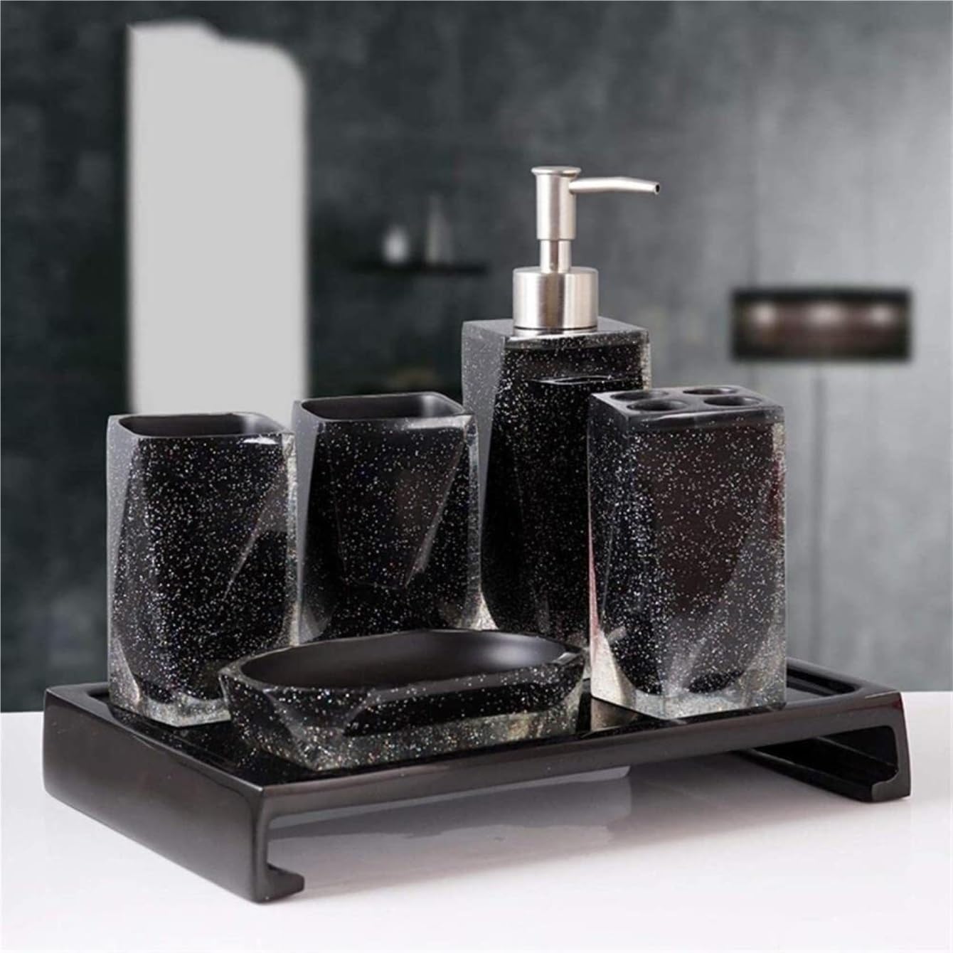 Set Dispensador Jabón Dispensador De Jabón Resina, Juego Accesorios para Baño, Vaso para Gárgaras, Jabonera, Soporte para Cepillo Dientes, 5 Piezas Baño