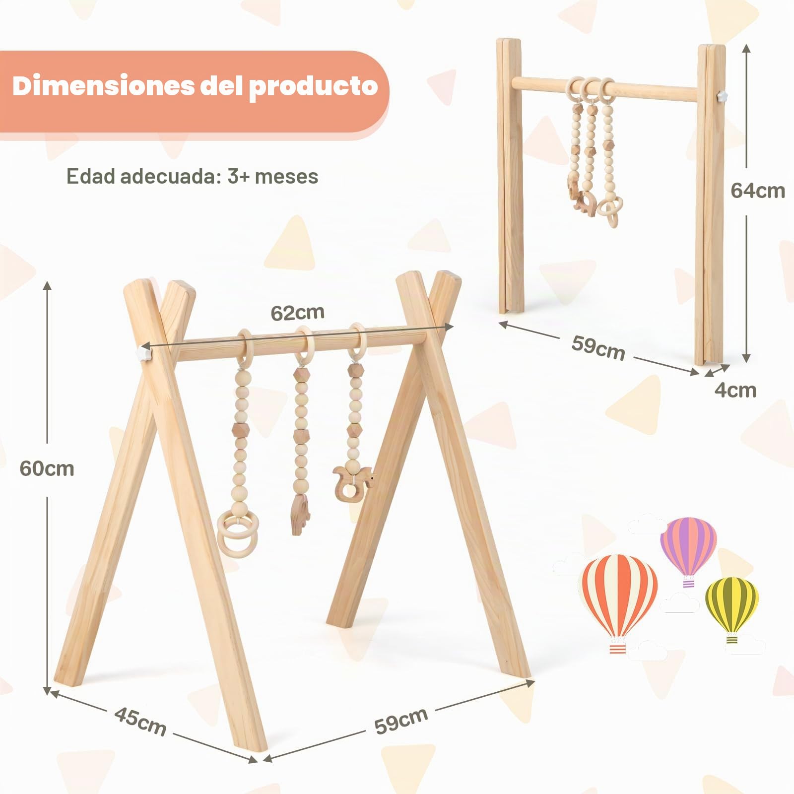 RELAX4LIFE Arco de Juegos de Madera Maciza para Bebés Más de 3 Meses, Gimnasio para Bebés con 3 Juguetes Colgantes para Desarrollo Cerebral y Físico, Arco Actividades Bebé (Natural)