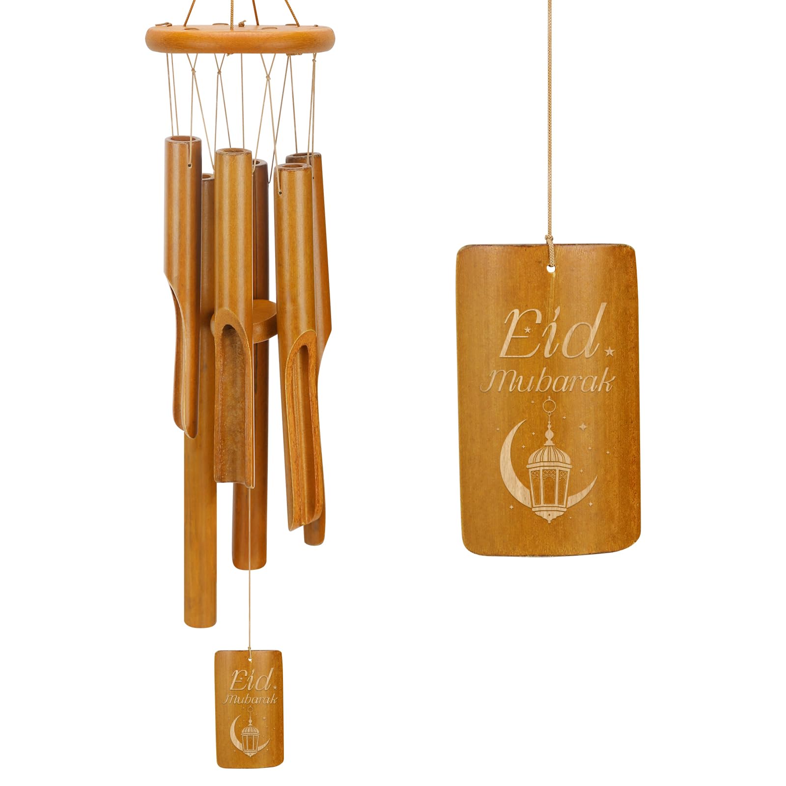 ORIZMA Eid Mubarak Wind Chime - Eid Gifts Wooden Ramadan Decorations Eid Mubarak Decorations for Home Islamic Gifts Moon Hollow Star Lanterns Crescent Moon & Star Outdoor Decor Gift for Friends