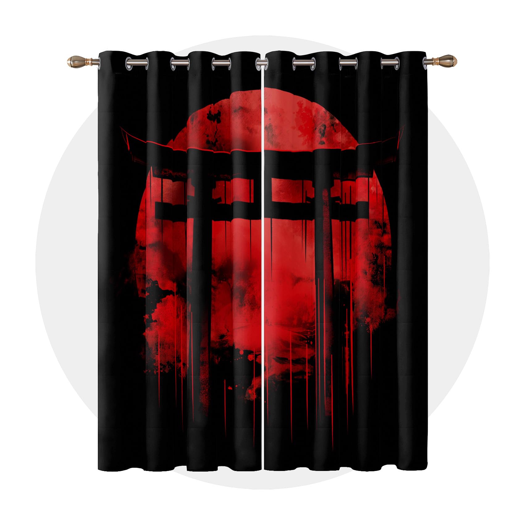 Vorhänge Asiatisch - Japanische Torii Schwarz Rot Fenster Gardinen mit Ösen, Vorhang Blickdicht Verdunklungsvorhänge Thermovorhang für Wohnzimmer Schlafzimmer 2er Set, H 137 x B 117 cm F#-211