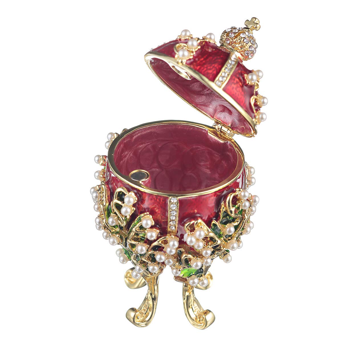 Fabergé-Stil Ei/Schmuckkästchen Maiglöckchen mit Kaiserkrone 8,5 cm rot