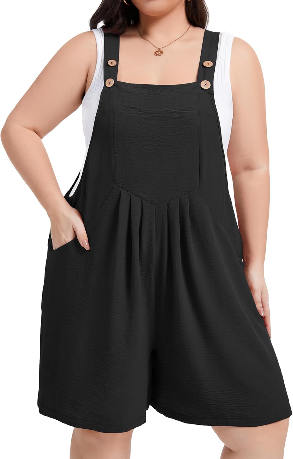 Moon Wood Plus Size Rompers for Women Short Overalls Jumpsuit with Adjustable Straps Sleeveless Romper With Pockets