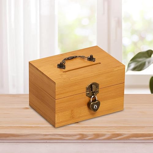 Miniatura 4 de B Baosity Caja de dinero de madera hecha a mano, alcancía clásica de madera con cerradura de hierro antiguo, caja de madera para adultos y niños,