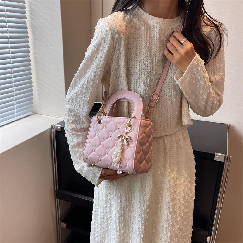 Women's Quilted Handbag, Pink, Casual Chic Shoulder Bag with Pearl Bow Charm, Crossbody Purse
