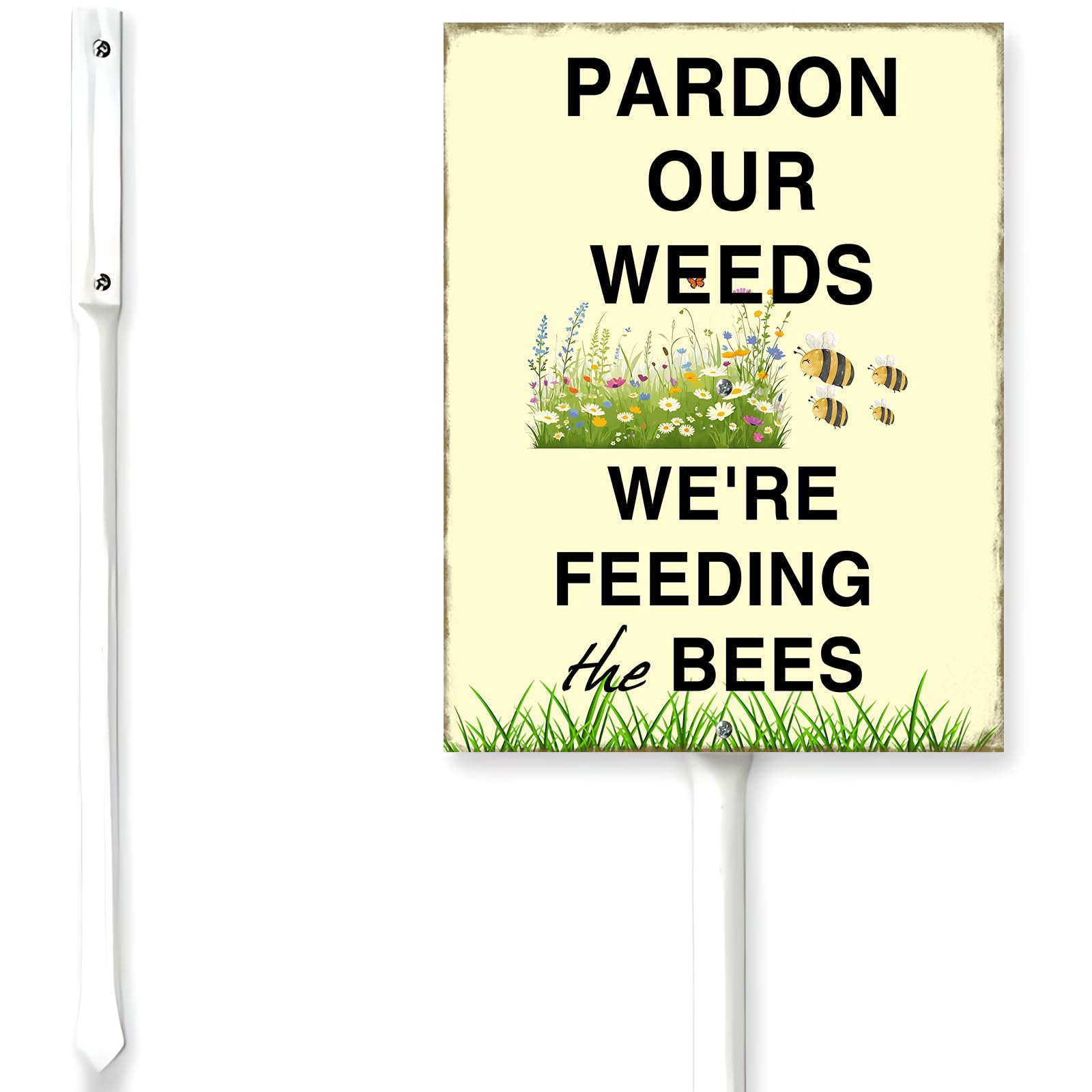 Horienteeon Garden Sign With Stake Pardon The Weeds,We are Feeding The Bees Sign For Yard 8x12inch Save The Bees Summer Garden No Mow Signs Aluminum Decor Decorative Yard Sign For Outdoor