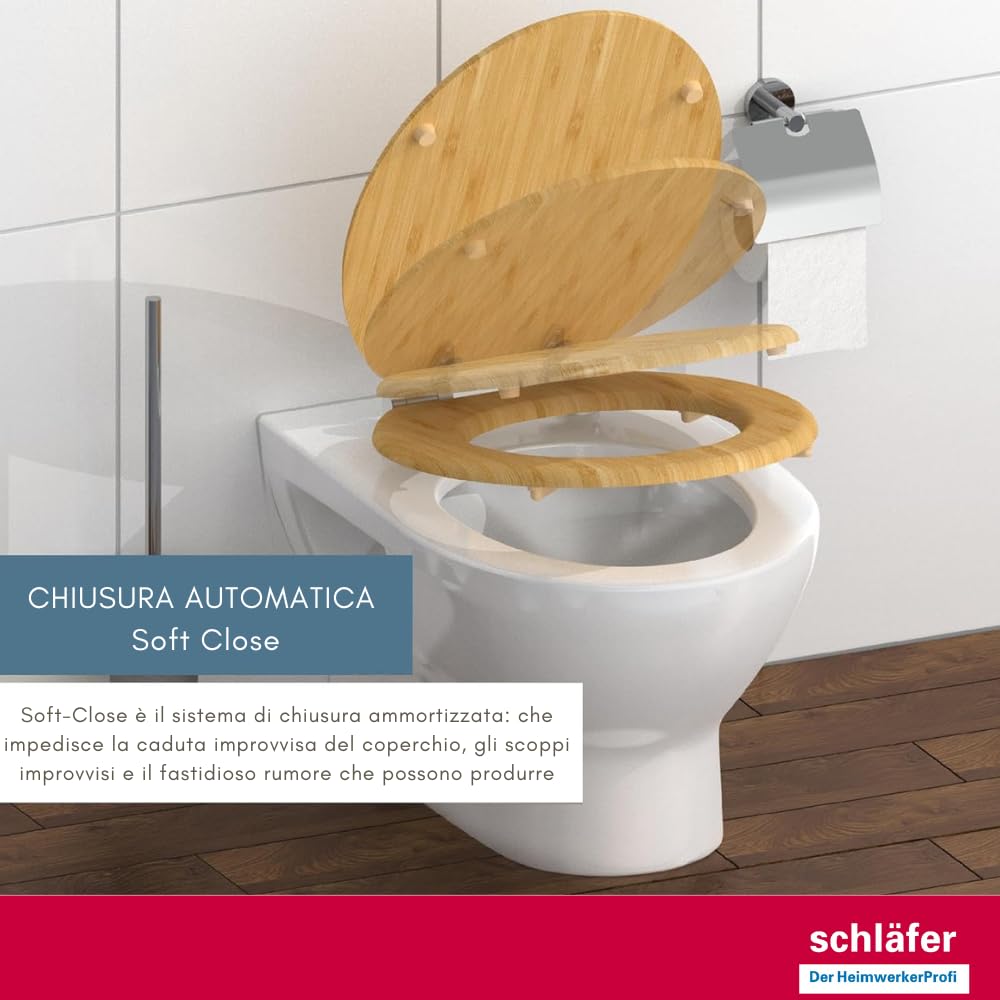 Schläfer 4637153 | Sedile Copriwater Universale Bambus con chiusura Softclose wc Automatica, Tavoletta Bamboo in Legno con Cerniere Regolabili, Copri Wc in Vero Bambù Forma Ovale.