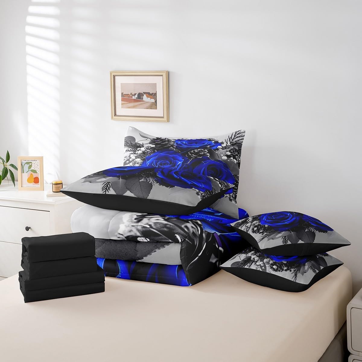 Erosebridal Blue Rose 7 Pcs Comforter Set King,Romantic Valentine's Day Bed in a Bag with Flat Sheet and Fitted Sheet,Garden Farmhouse Botanical Floral Flowers Blue Bedding Set with Pillowcase & Sham