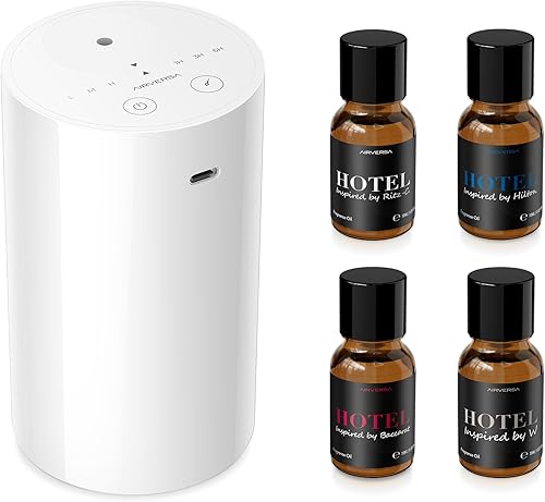 Airversa Waterless Essential Oil Diffuser Starter Kit with 4 x 10mL Hotel Scent Fragrance Oil, Battery Operated Mini Scent Air Machine Portable