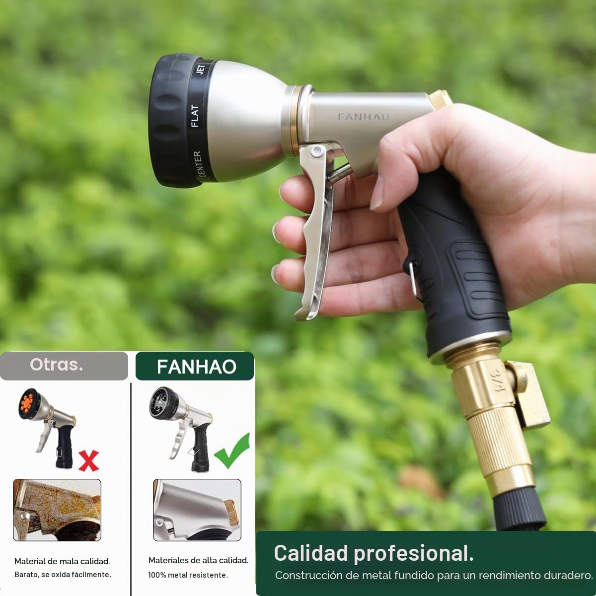 FANHAO Pistola manguera jardin de Metal, pistola de riego de alta presión, 7 patrones de riego, perfecta para riego de plantas, limpieza, lavado de coches y mascotas