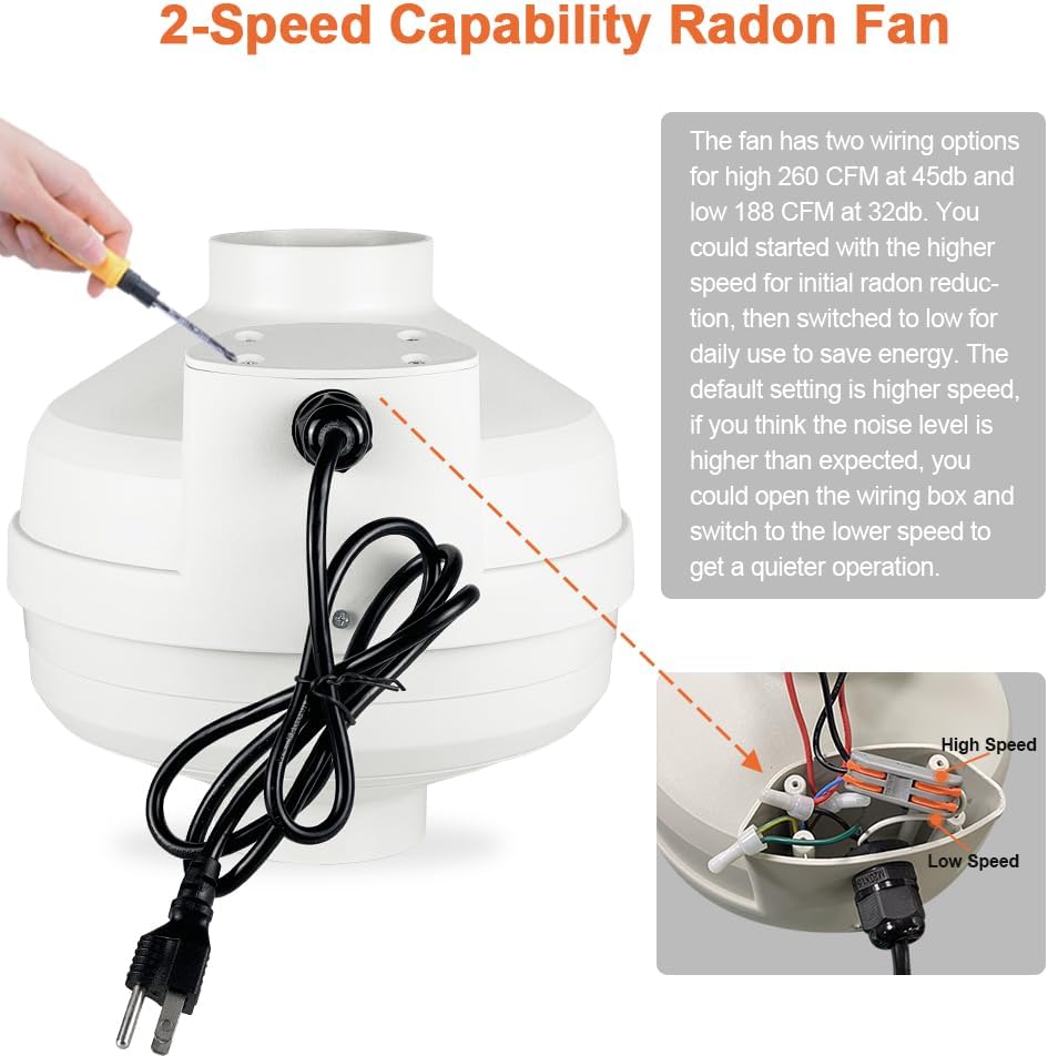 4 inch Radon Fan, 2 speed 260/188CFM Radon Mitigation System Quickly Mitigate Radon Quiet and Energy Efficient IP67 Waterproof Indoor Outdoor Installation