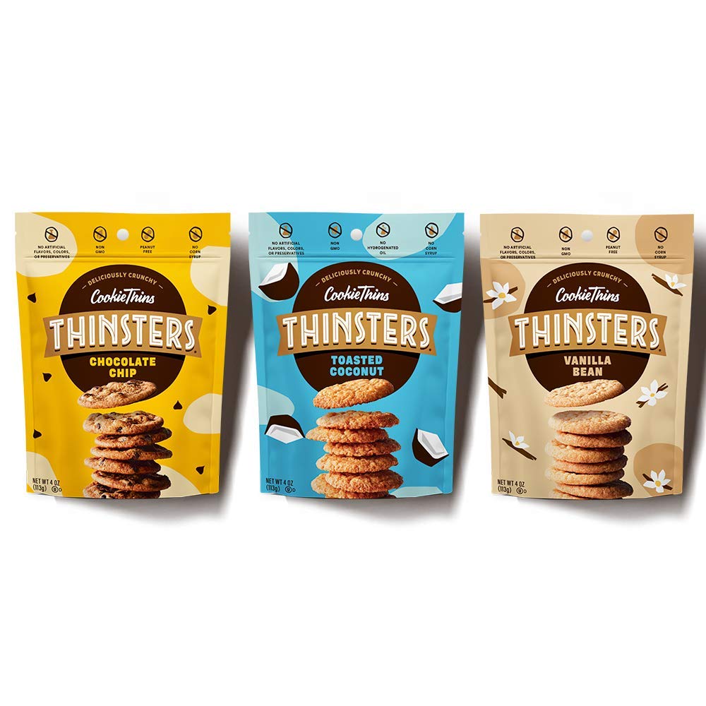 THINSTERS Cookies 3 Count Variety Pack | 4oz Chocolate Chip, Toasted Coconut, Vanilla Bean | Non GMO, No Corn Syrup, Crunchy Cookie Thins, No Artificial Flavors, Colors, or Preservatives