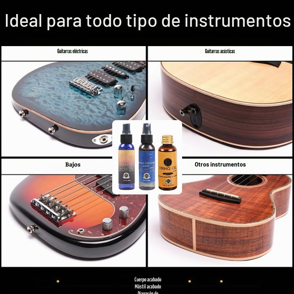 Kit Limpieza para Guitarra,Kit Mantenimiento de Guitarra,60ml Aceite Limpiador de Cuerdas,50ml Aceite Abrillantador,60ml Aceite Limón para Diapasón y Tela Limpieza,Guitar Cleaning Kit