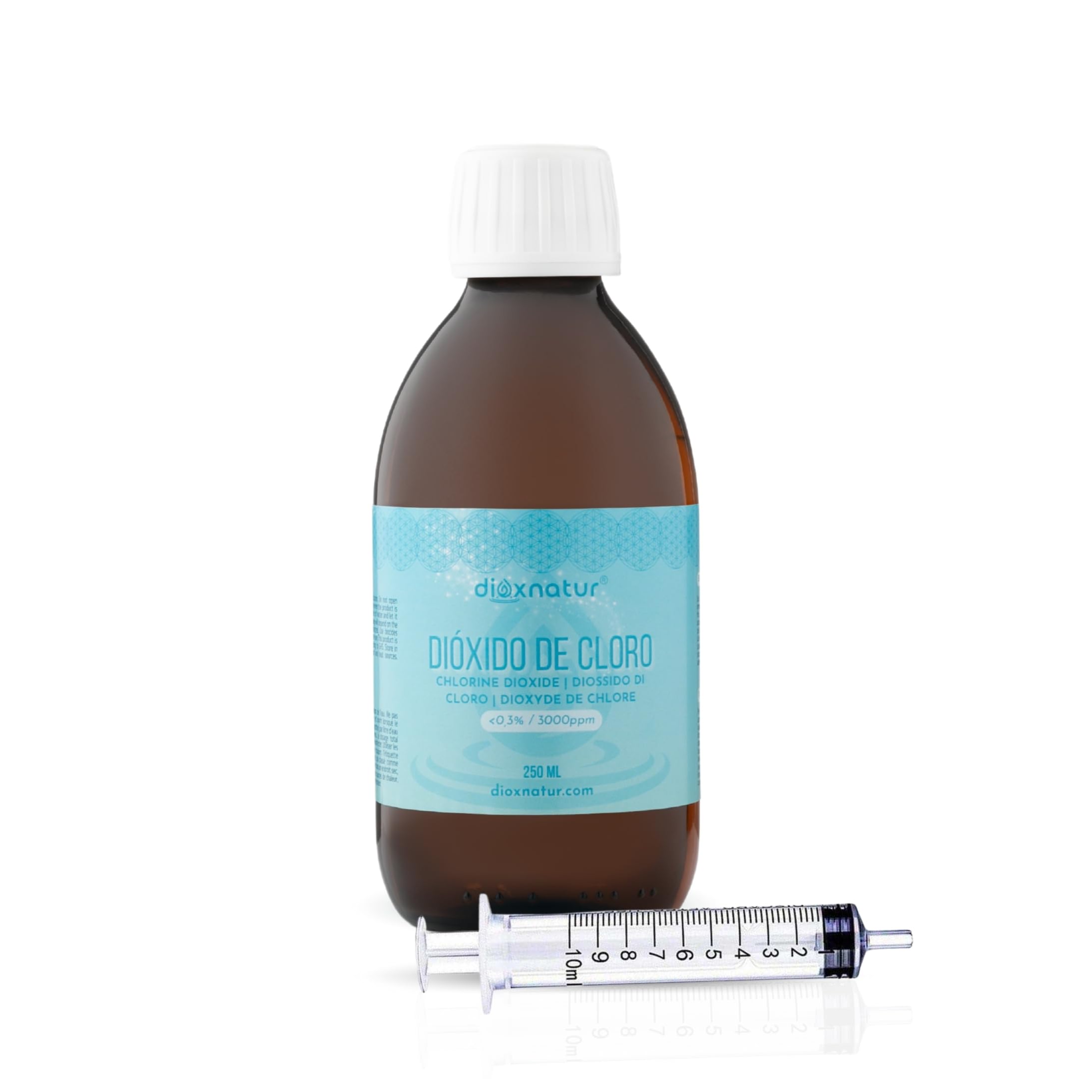 Chlorine Dioxide 3000 ppm 250 ml. CDS 0.3% Recently manufactured. Amber Glass Bottle with Dropper and Syringe