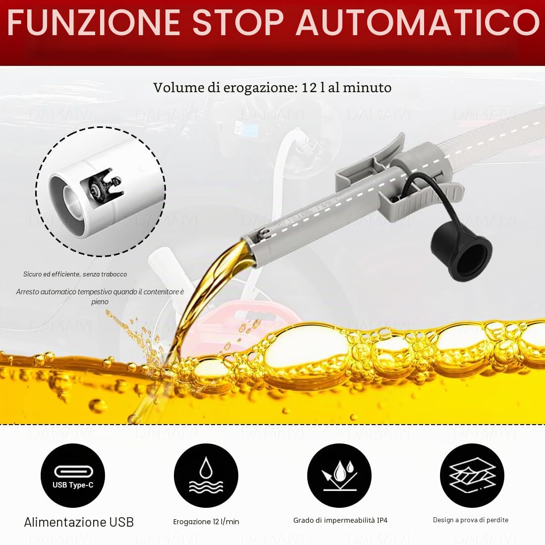 Pompa di Trasferimento Carburante & Pompa Travaso Benzina/Gasolio – Doppia Alimentazione USB-C/AA, Portata 3.2 GPM, Arresto Automatico, Tubo Principale 51 Pollici + Pompa di Inserimento Telescopico