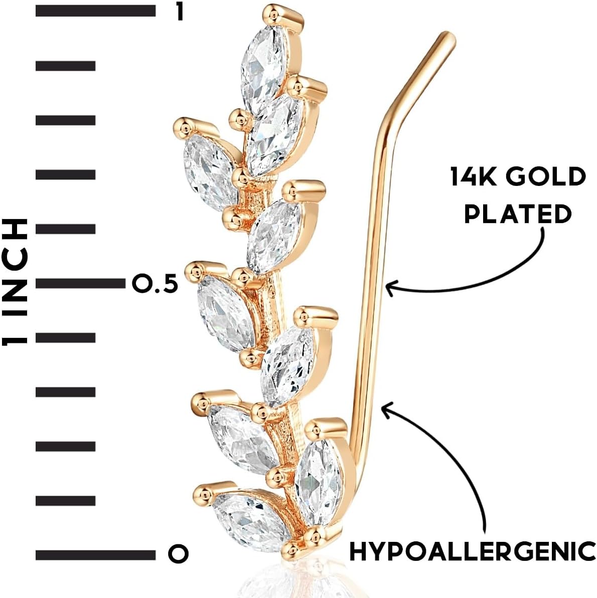 14K Gold or 925 Sterling Silver Plated Ear Crawler Earrings for Women - Crystal Leaf Ear Climber Earrings - Hypoallergenic, Safe for Sensitive Ears - Image 3
