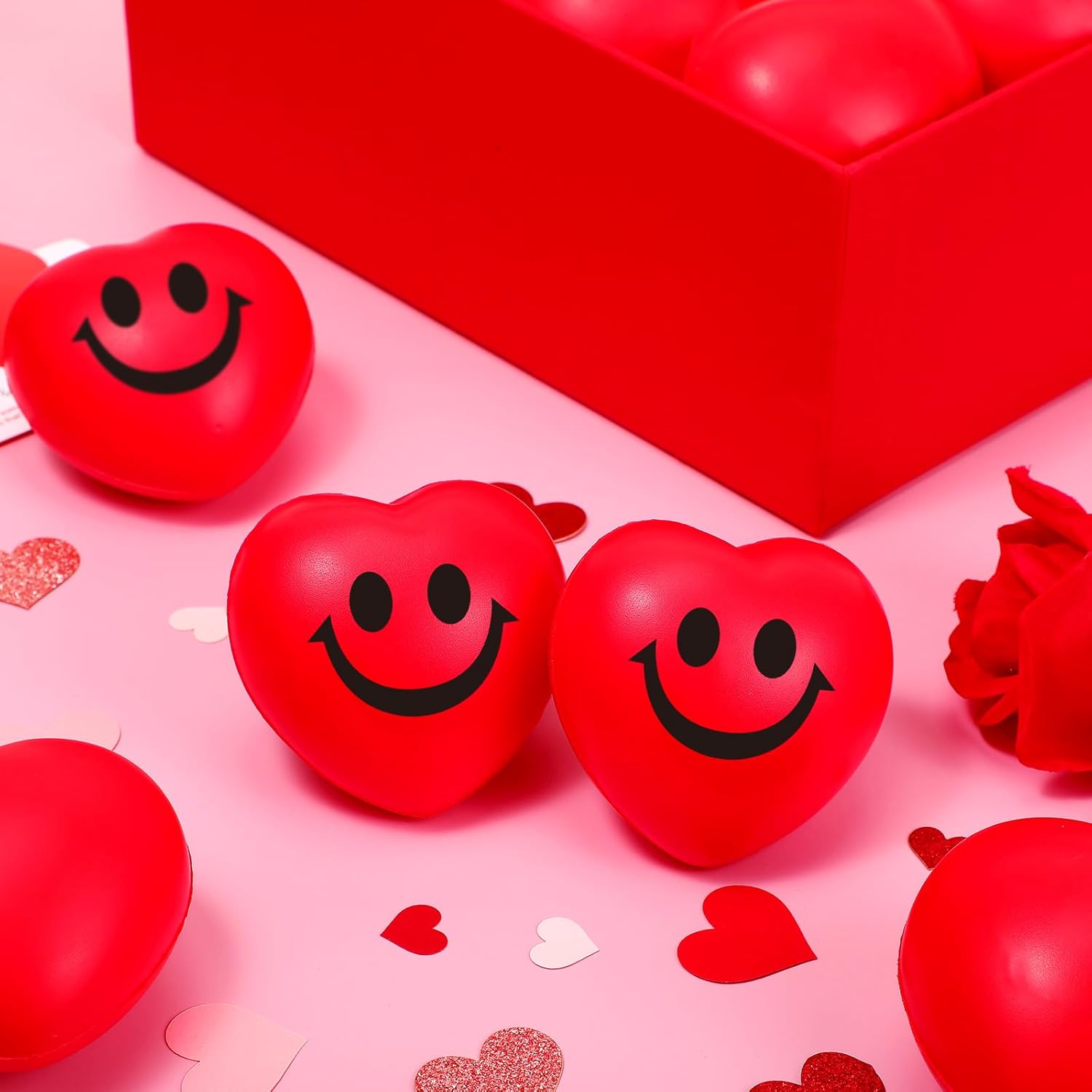 Zubebe 48 Pcs 2.76'' Valentine's Day Heart Stress Balls Heart Shaped Smile Face Ball Stress Relief Balls Valentines Day Gifts for Staff Kids Adults Party Favors School Reward (Red)