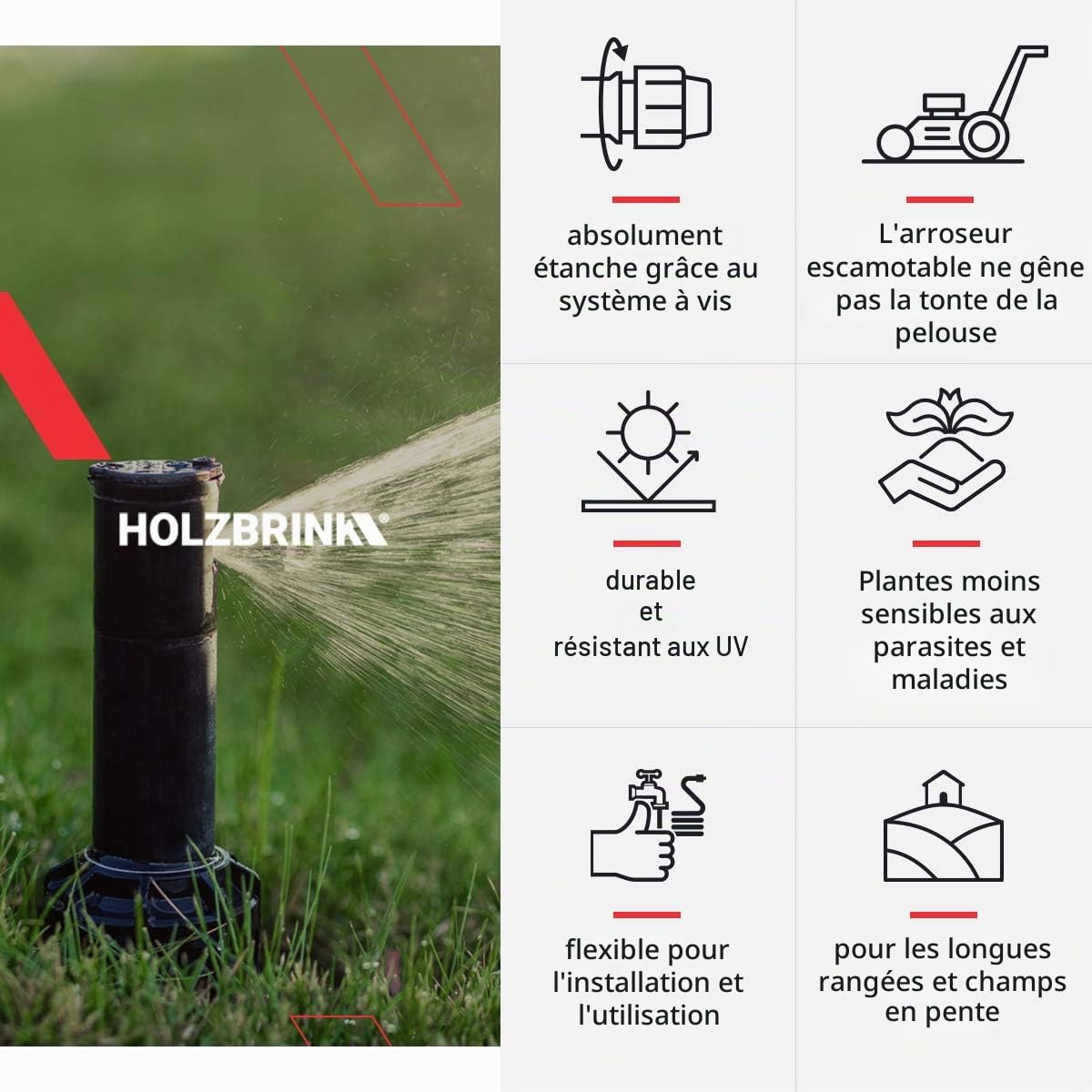 HOLZBRINK Kit de démarrage pour l’Irrigation du Gazon, système d’arrosage enterré de la pelouse : 50 m Tuyau LDPE 25 mm, 5X Arroseur Automatique Pop-up, HTB-11-5-50