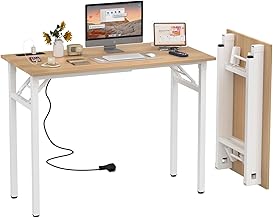 PIPIPOXER Bureau Pliant 100x50x76cm, Table Pliable avec 2 Prise de Charge USB et 2 Prise, Table de Bureau, Bureau d'Ordinateur Pliable, Cadre en Métal, Bureau Pliant pour Étudier, Chambre, Bois