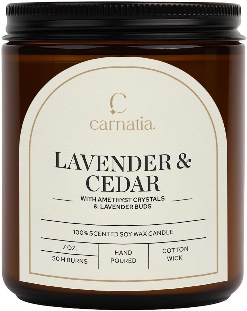 Carnatia Lavender & Cedar Scented Candle – 7 oz | 100% Soy Wax with Cotton Wick | 50 Hour Burn | Aromatherapy Candle for Home, Calm Focus & Relaxation | Gift for Women & Men