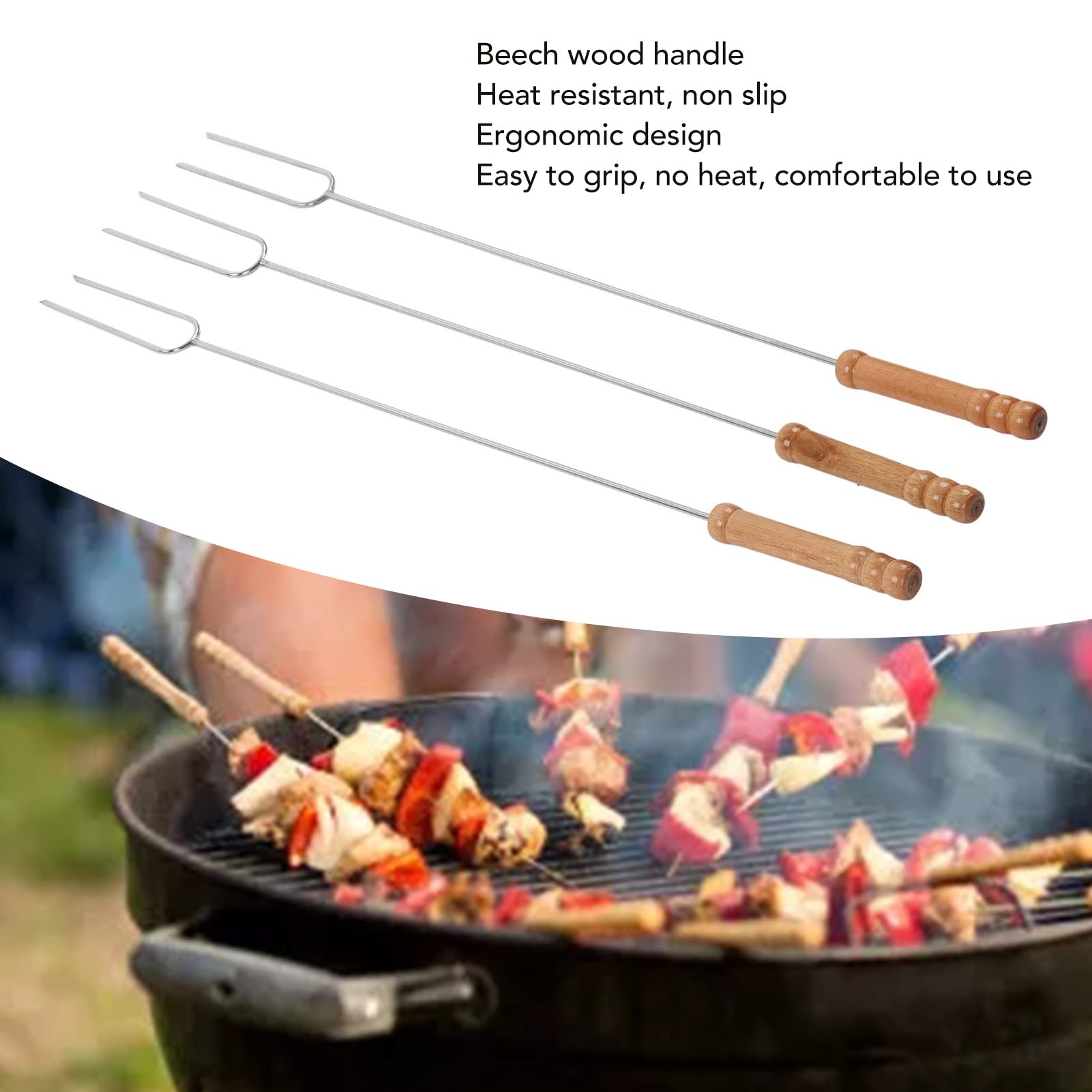 Barbecue Forks, Stainless Steel Roasting Stick with Beech Wood Handle, Lightweight and Portable, 47.2cm, for Outdoor BBQ Camping