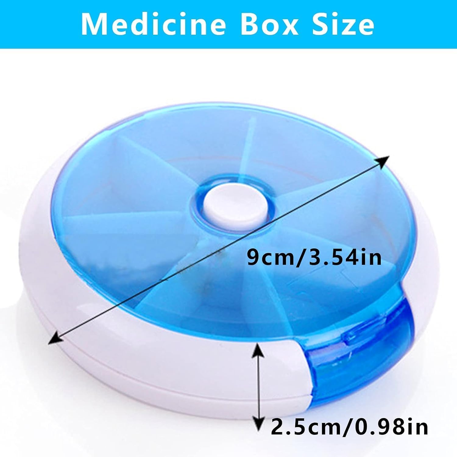Xeerabdi Travel Pill Organizer–Round Rotating Pill Box with 7 Compartments,Easy Open Lid for Seniors and Daily Medication