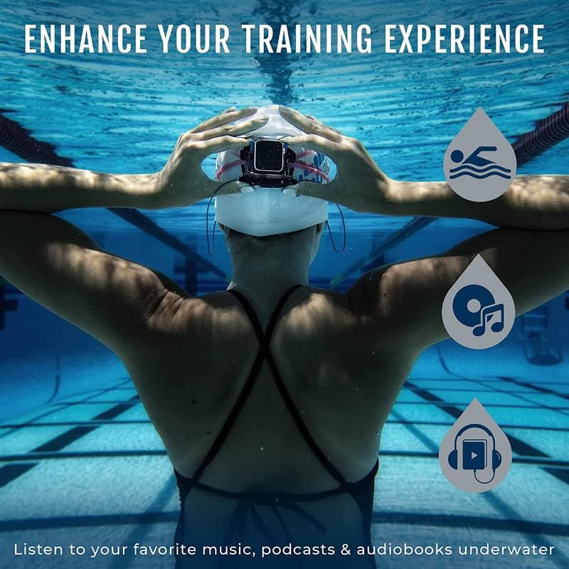 Swimmer underwater with H2O Audio Interval headphones, showing icons for music, podcasts, and audiobooks