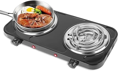 KOCASO Quemador doble eléctrico eléctrico de doble quemador de 2000 W, calefacción de bobina portátil, estufa de placa calefactora para encimera RV