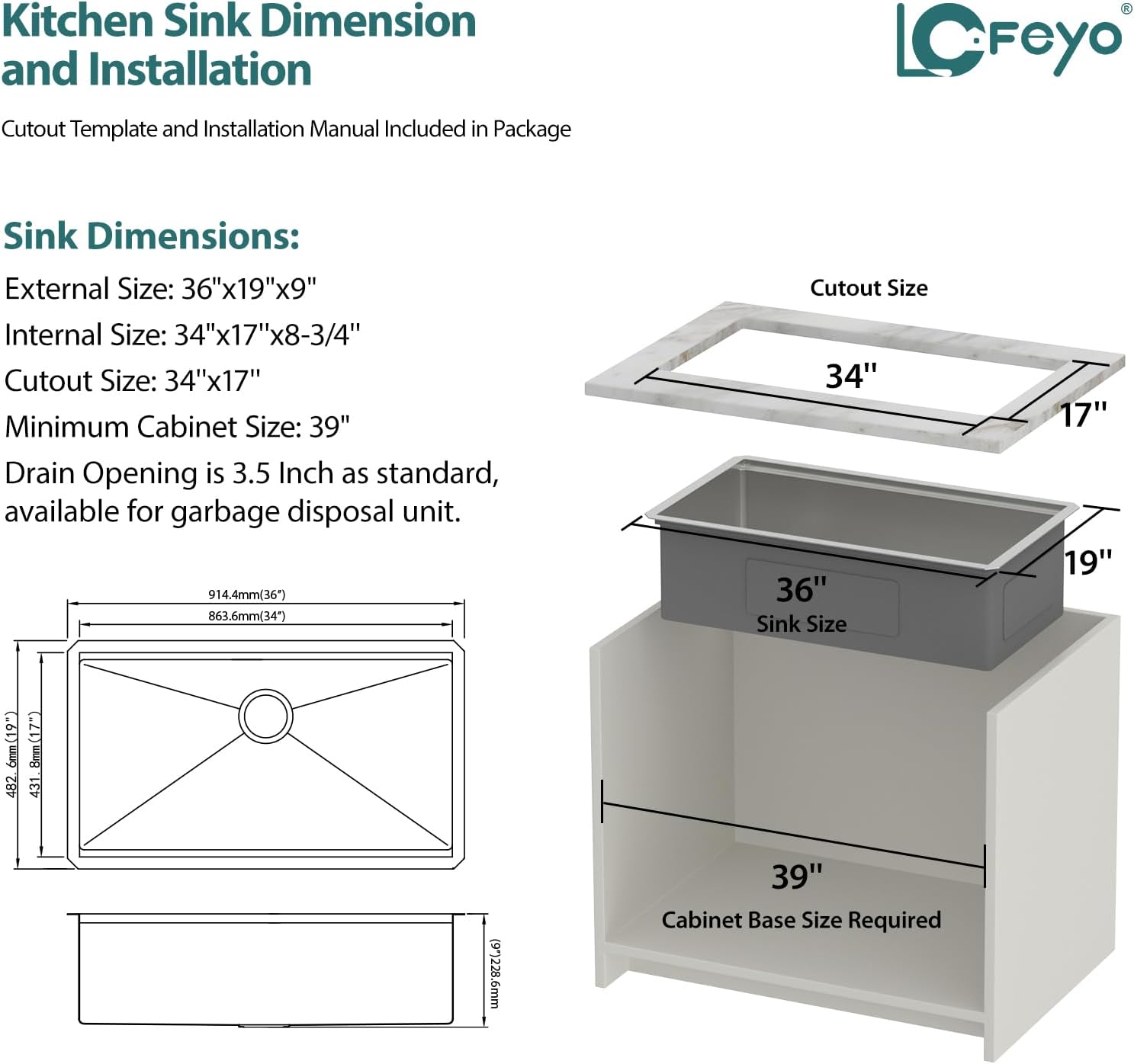 36x19 Inch Large Brushed Undermount Workstation Kitchen Sink 304 Stainless Steel 16 Gauge Handmade Under Counter Single Bowl Modern Deep Basin