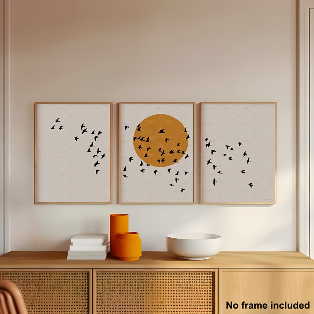 TZKBDMA Set di 3 quadri decorativi con sagome di uccelli e alba su sfondo grigio, ideali per la camera da letto (75x110 cm x 3 / Senza cornice)
