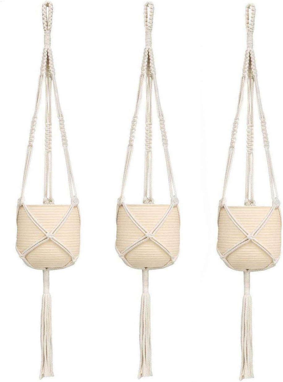 Mkono Macrame Plant Hanger Indoor Outdoor Hanging Planter Basket Cotton Rope 3 Legs 39 Inch, Set of 3