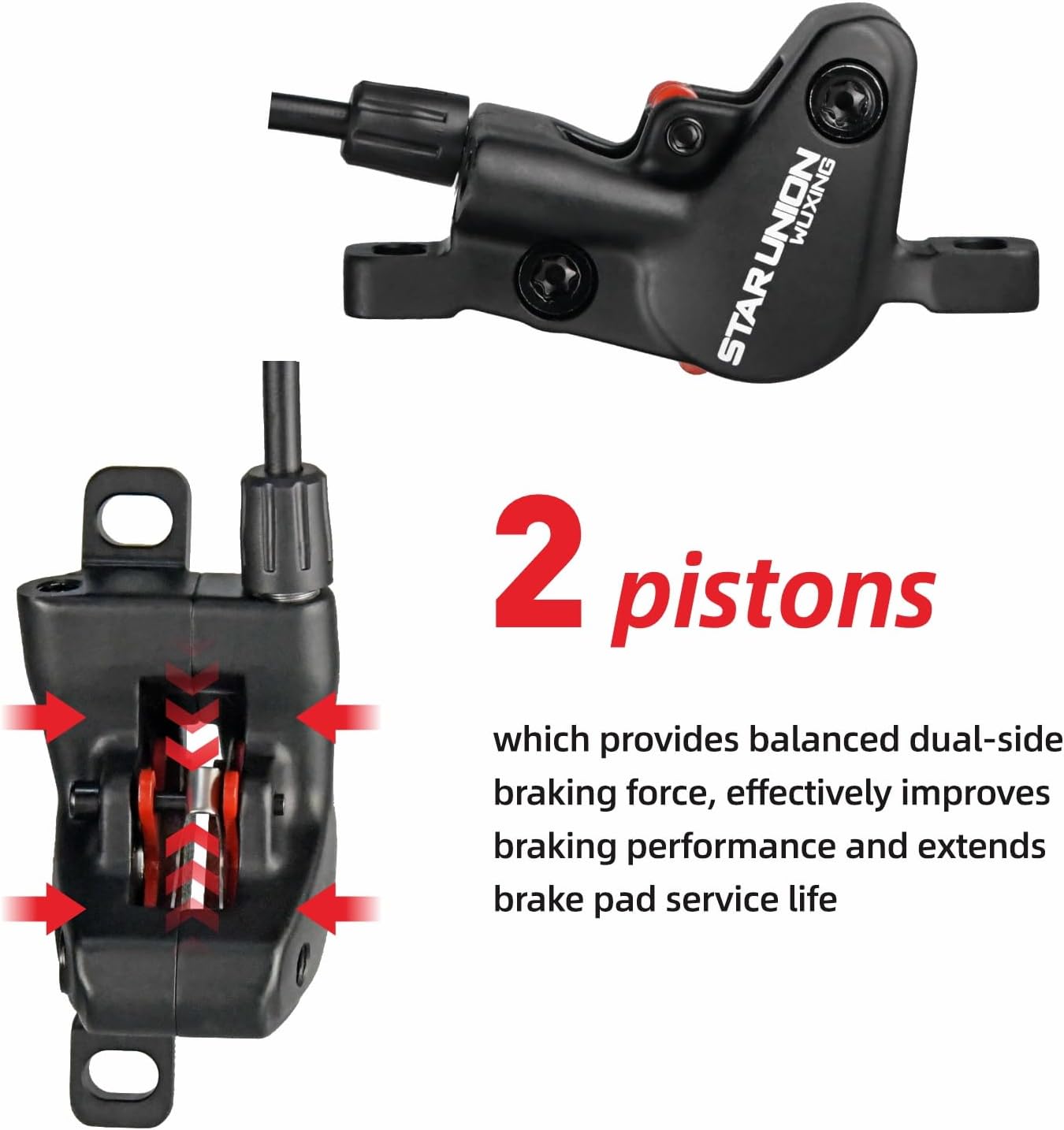 Hydraulic Brake Set，Left Front 1000mm & Right Rear 1800mm Hoses 2-PIN Power-Off Hydraulic Disc Brake，Large Oil Cup, Parking Function Fit 160mm/180mm Rotor for Ebikes & Fat Tire Ebike