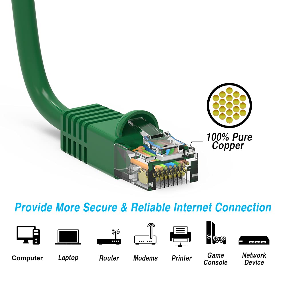 AEONS 10Gbps Snagless Cat 6 Ethernet Patch Cable 100 ft LAN UTP Cat6 RJ45 Internet Network Cable for Patch Panel Switch, Gold Plated UL Listed, Green