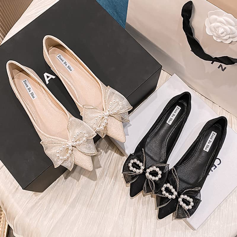 Women's Classy Pointed Toe Ballerina Ballets with Sparkly Rhinestone Bow-Knot Breathable Flat Shoes 5
