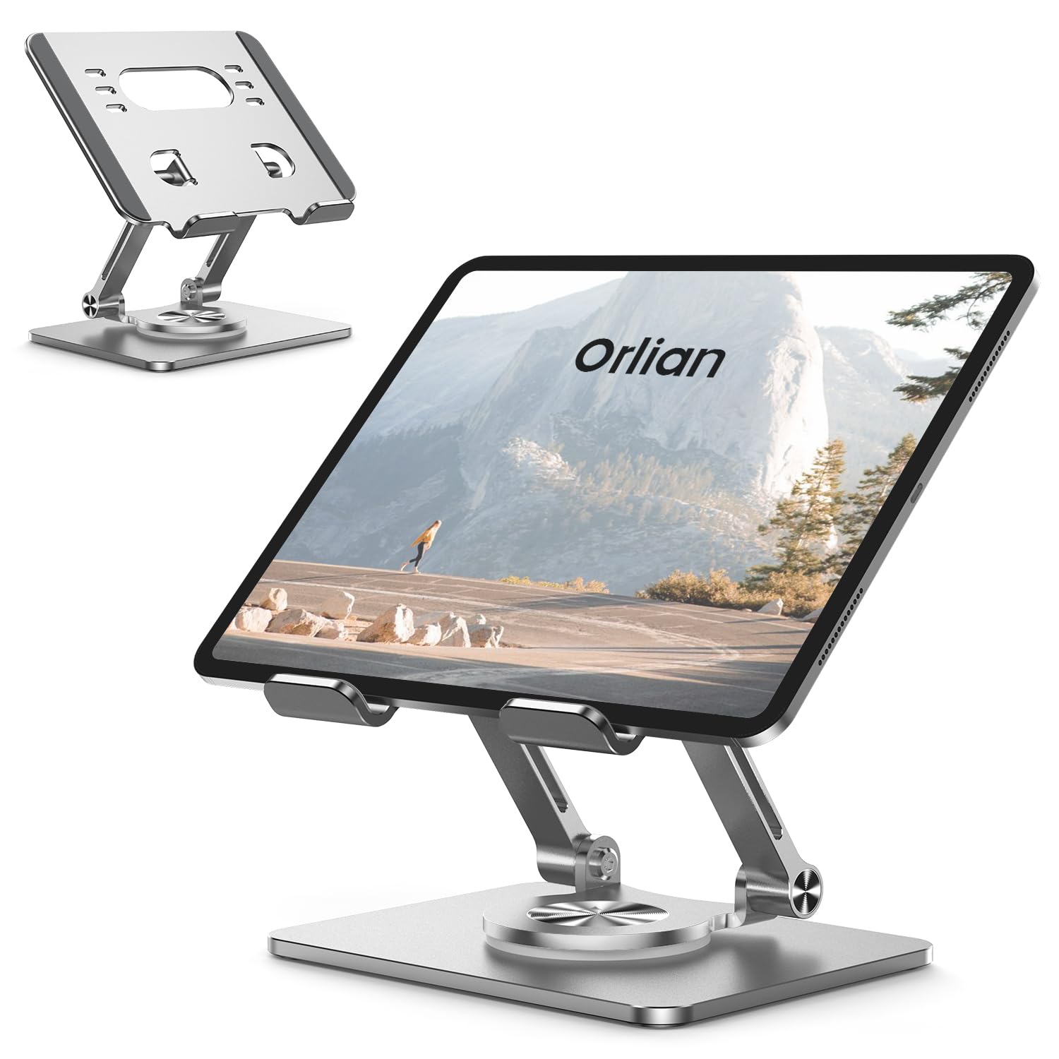 Orlian Tablet-Ständer mit verdickter, um 360° drehbarer Basis, Doppelstange, verstellbarer Aluminium-Ständer für alle 5,8-12,9 Zoll iPads, Samsung, Handys, Tablets, Kindle, E-Reader und mehr, Silber