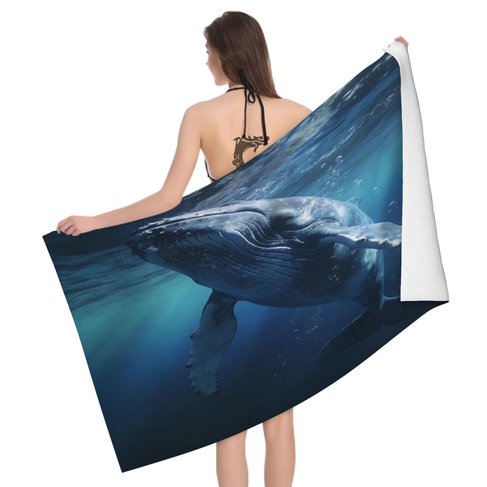 Leichong 3D Whale Print Beach Towel Microfiber Soft Quick Dry for Adults, Sea Animal Pattern Bath Towel Lightweight Soft Absorbent for Travel Swimming Pool Sports, 75 x 150 cm