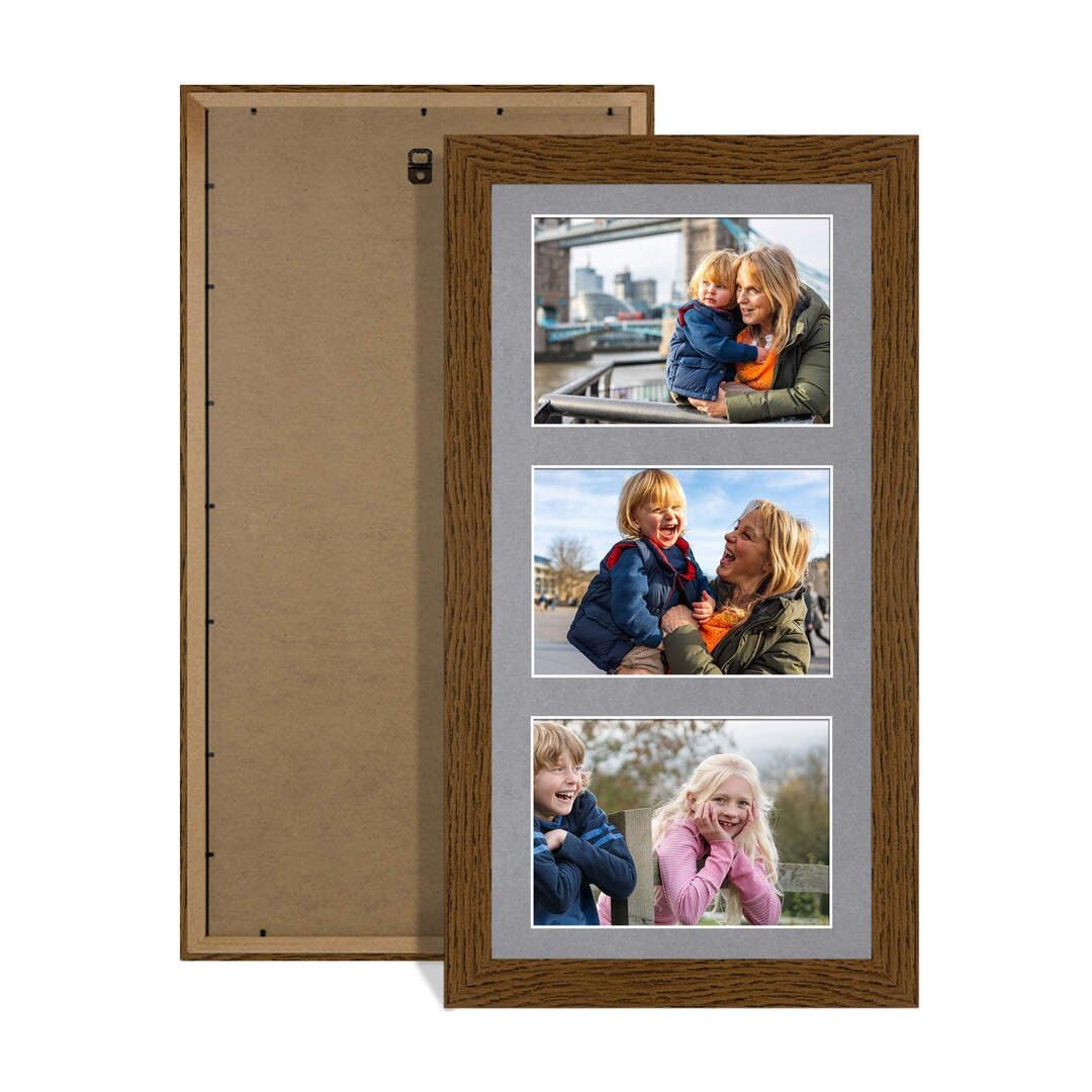 Procut Global 40X20CM Dark Oak Photo Frames For Multiple Pictures with Mid Grey Mount-Modern Collage Frame with 3 Apertures (3x) 6X4-Engineered Wood with Shatterproof Perspex