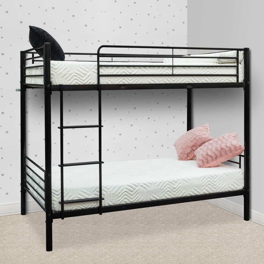 FCH Twin Over Twin Bunk Bed Easy Assembly Upgraded Metal Frame Bunk with Ladder Kids Adult Children Bedroom 78" W x 42" D x 65" H (Black)