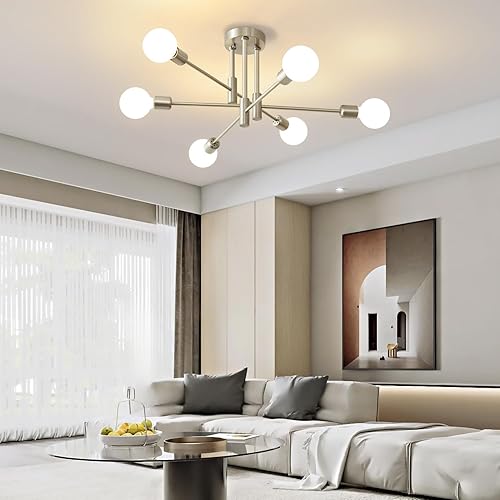 Miniatura 3 de Biewalk Sputnik - Candelabro colgante nórdico moderno de mediados de siglo, 6 luces, lámpara de techo, lámpara de níquel para sala de estar, cocina,