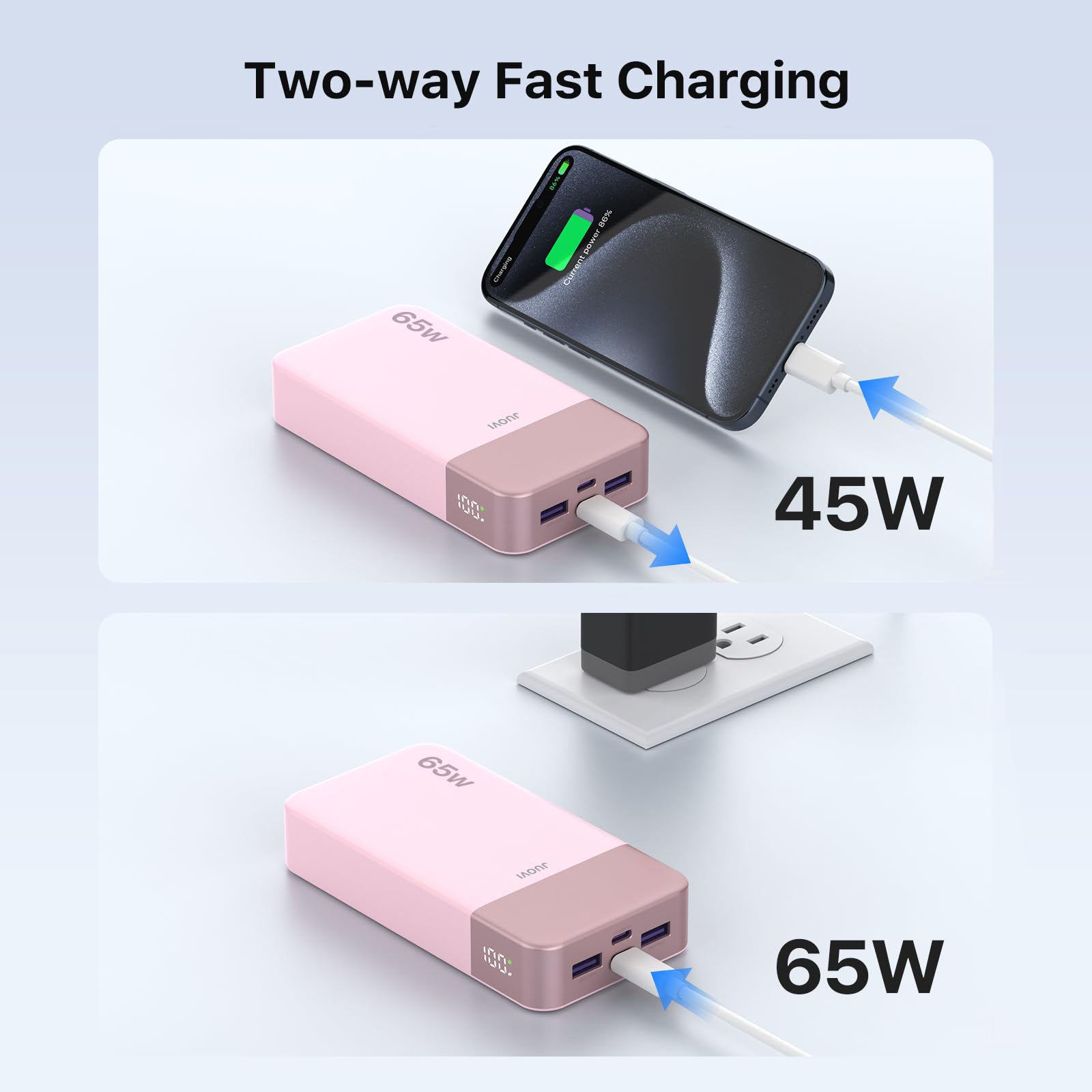 JUOVI 65W Power Bank, 20000mAh Laptop Caricatore Portatile Powerbank Ricarica Rapida Batteria Portatile Cellulare con USB C, per MacBook Dell XPS PC Portatile iPad iPhone 17 16 15 Samsung (Rosa)