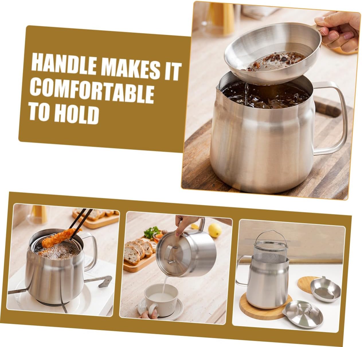 NUOBESTY 2l Stainless Steel Oil Strainer Pot with Fine Mesh Basket, Kitchen Grease Container for Deep Fryer and Bacon Fat Storage, Matte Finish Food Strainer for Cooking Oil Filtering