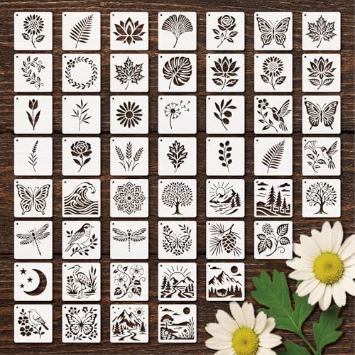 BLOSSOMLAYER Stencils 4in 50pcs Reusable Plastic Templates Craft Paint Template Nature Style DIY Crafts Stencil Holiday for Fabrics Window Wall Home Wood(4inch 50 Pack)