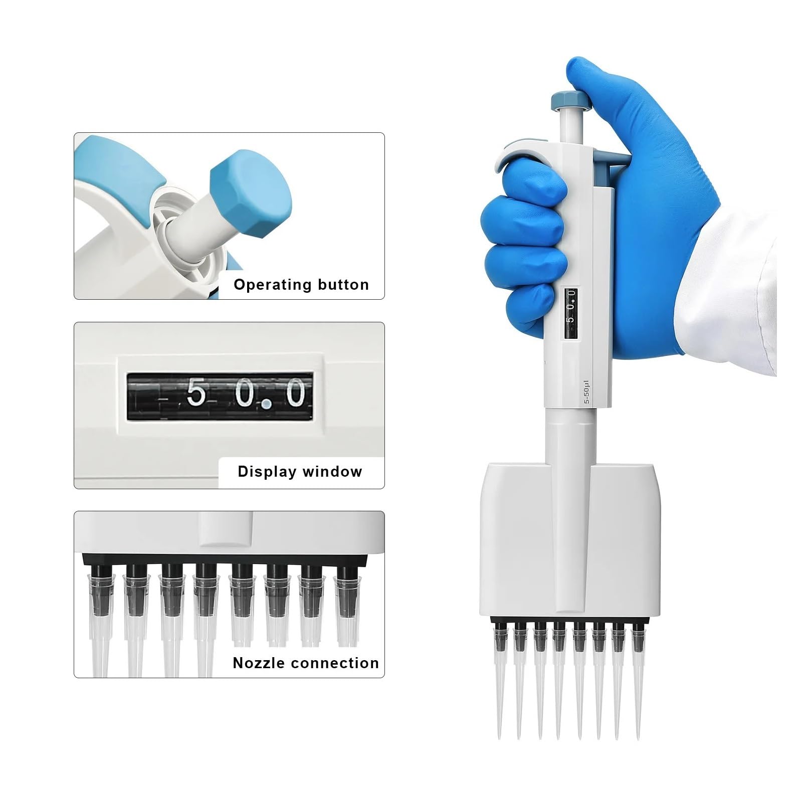 Pistola de pipeta multicanal de Volumen Ajustable, 8 Canales, Equipo de Laboratorio, maquinaria(0.5-5ml)