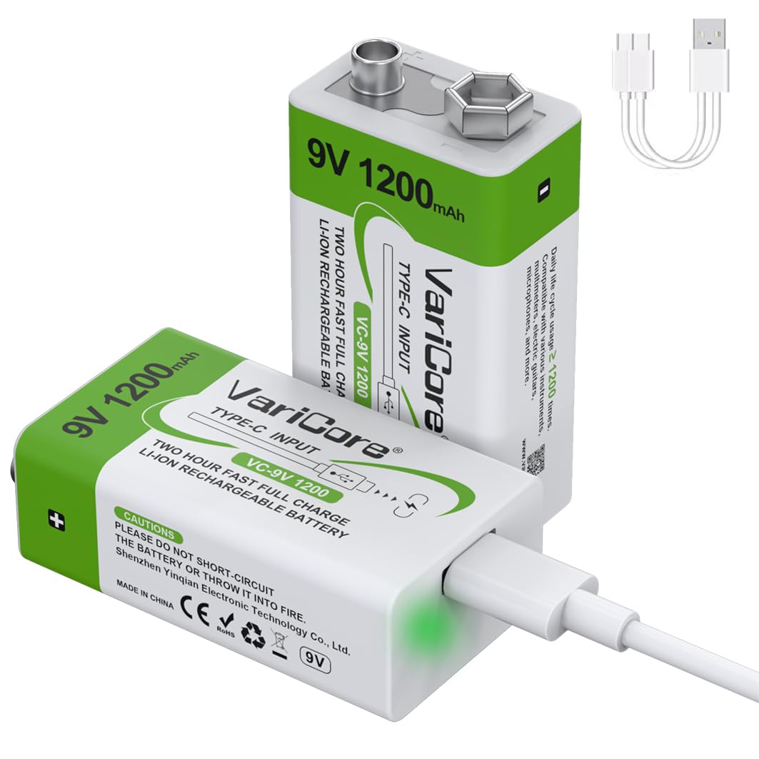 1200mAh Rechargeable 9V Batteries USB C 2PCS