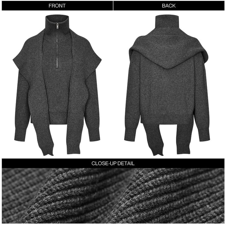 URBAN REVIVO Women Pullover Sweater Long Sleeve with Detachable Cape & Shawl Collar Zip