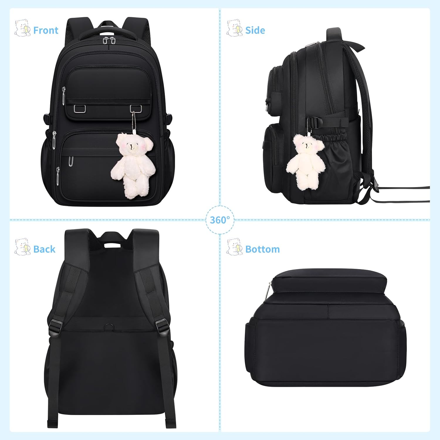 School Backpack for Kids Girls Cute Travel Backapck for College Women Men Casual Laptop Bookbag for Teen Student(Black) - Image 2