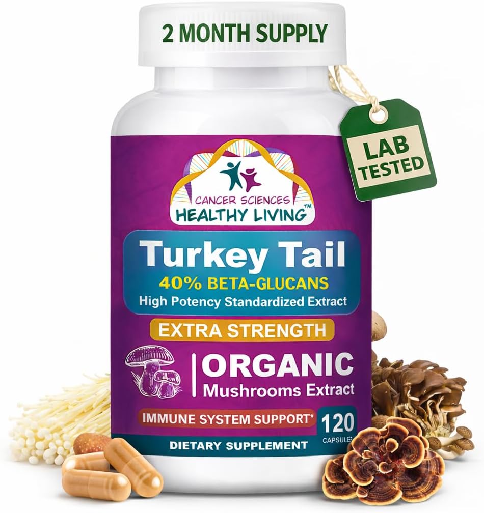 CANCER SCIENCES Turkey Tail Wellness Mushrooms Supplement, USDA Certified Organic Extract, Extra Strength 1,500 mg, High Potency 40% Beta-Glucans, Gut & Immune Support, Natural Digestive, 120 Capsules