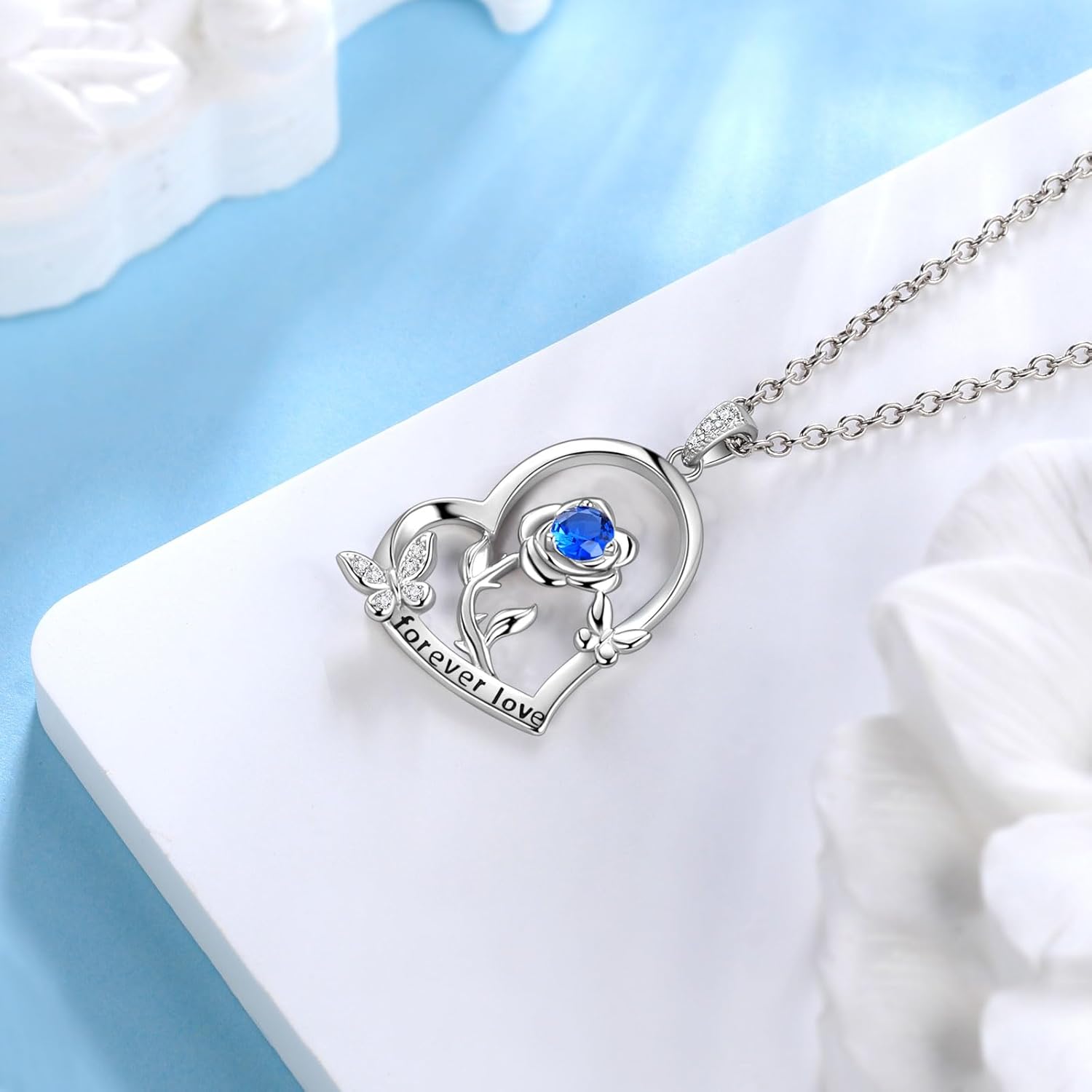 925 Sterling Silver Heart Rose Flower Birthstone Necklace for Women Butterfly Pendant Necklace Elegant Rose Promise Necklace Birth Stone Necklace Rose Flower Jewelry Christmas Gifts for Women Mom Her - Image 5