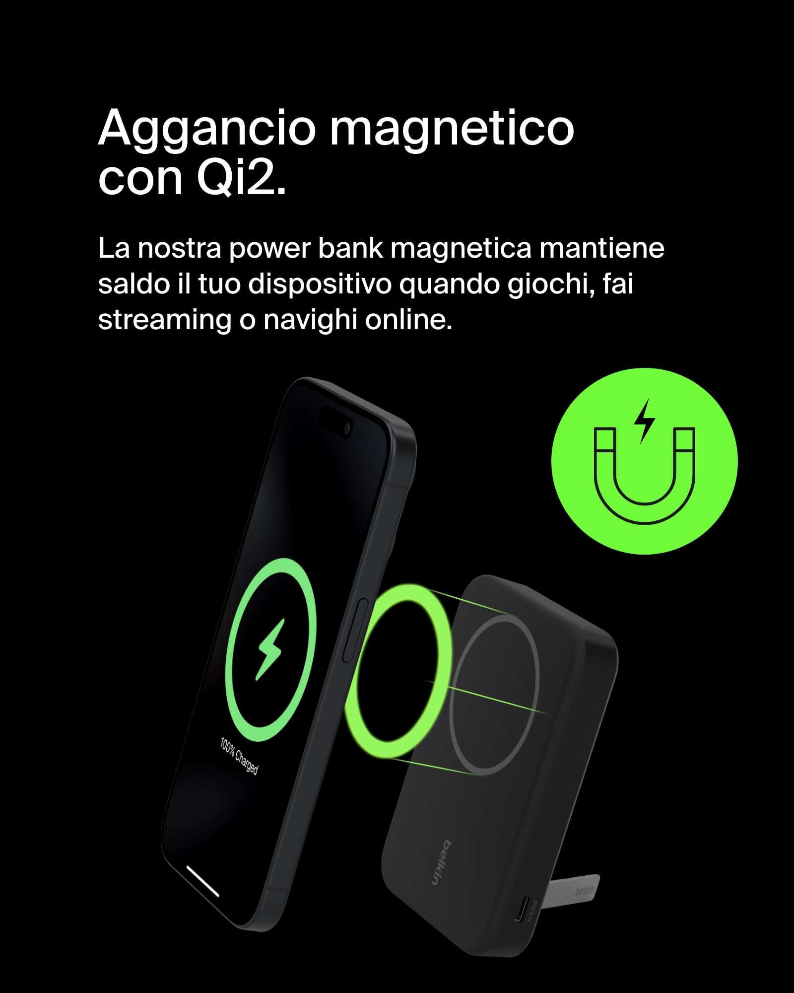 Belkin BoostCharge Pro Power bank wireless 8.000 mAh con Qi2, caricabatteria portatile compatibile con MagSafe, supporto integrato per iPhone 16, 16 Plus, 16 Pro, 16 Pro Max, iPhone 15 e altri, nero