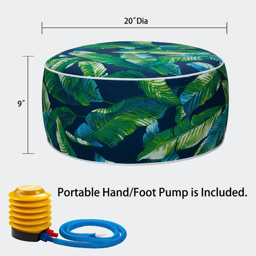 Magpie Fabrics Inflatable Stool Ottoman Pouf D20 xH9, Outdoor Round Footrest Footstool with Foot Pump, Portable for Patio Travel Camping - Green Lagoon Leaves