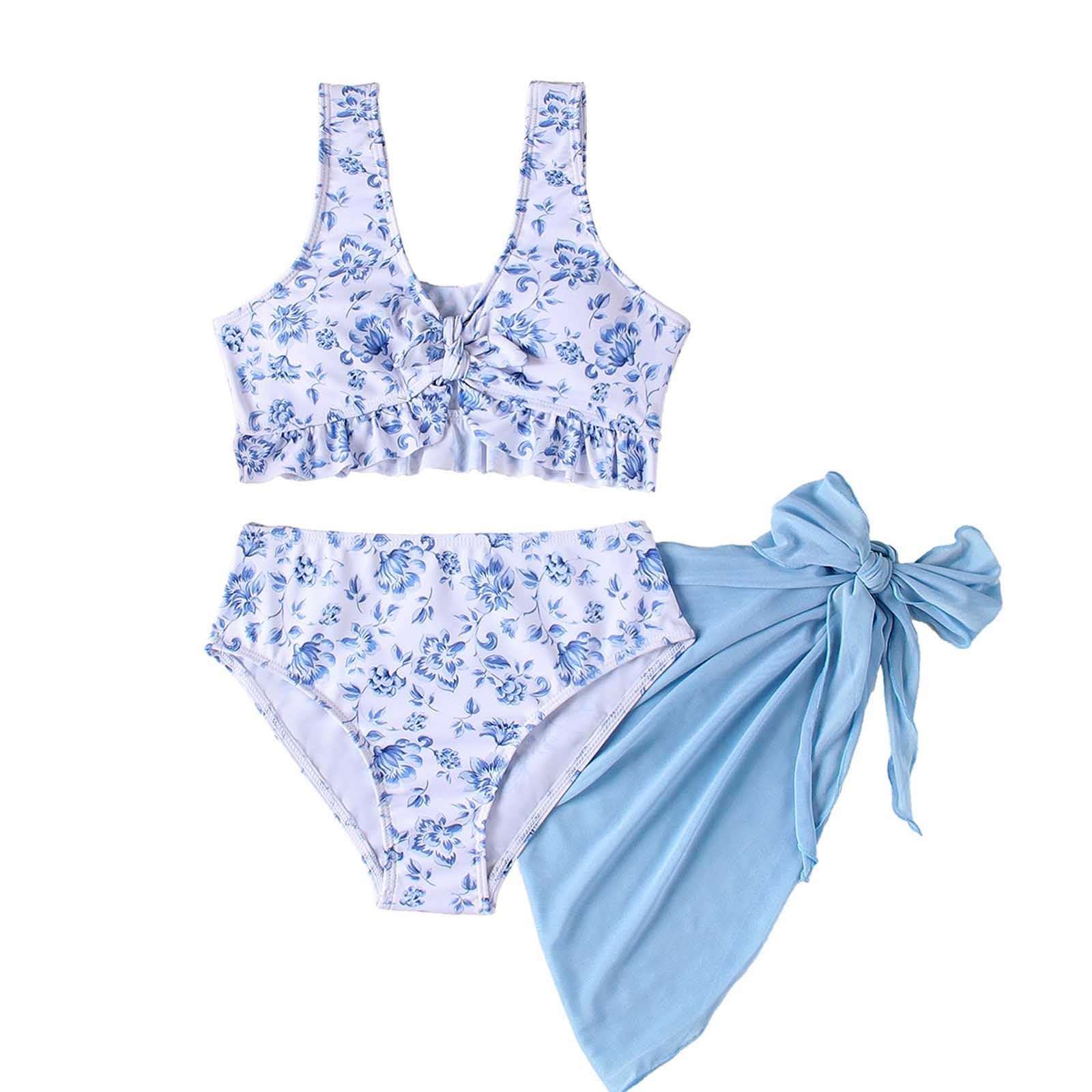 Generisch Juego de bikini de 3 piezas para niña con estampado floral y revestimiento de malla, traje de baño para niños grandes, playa de verano